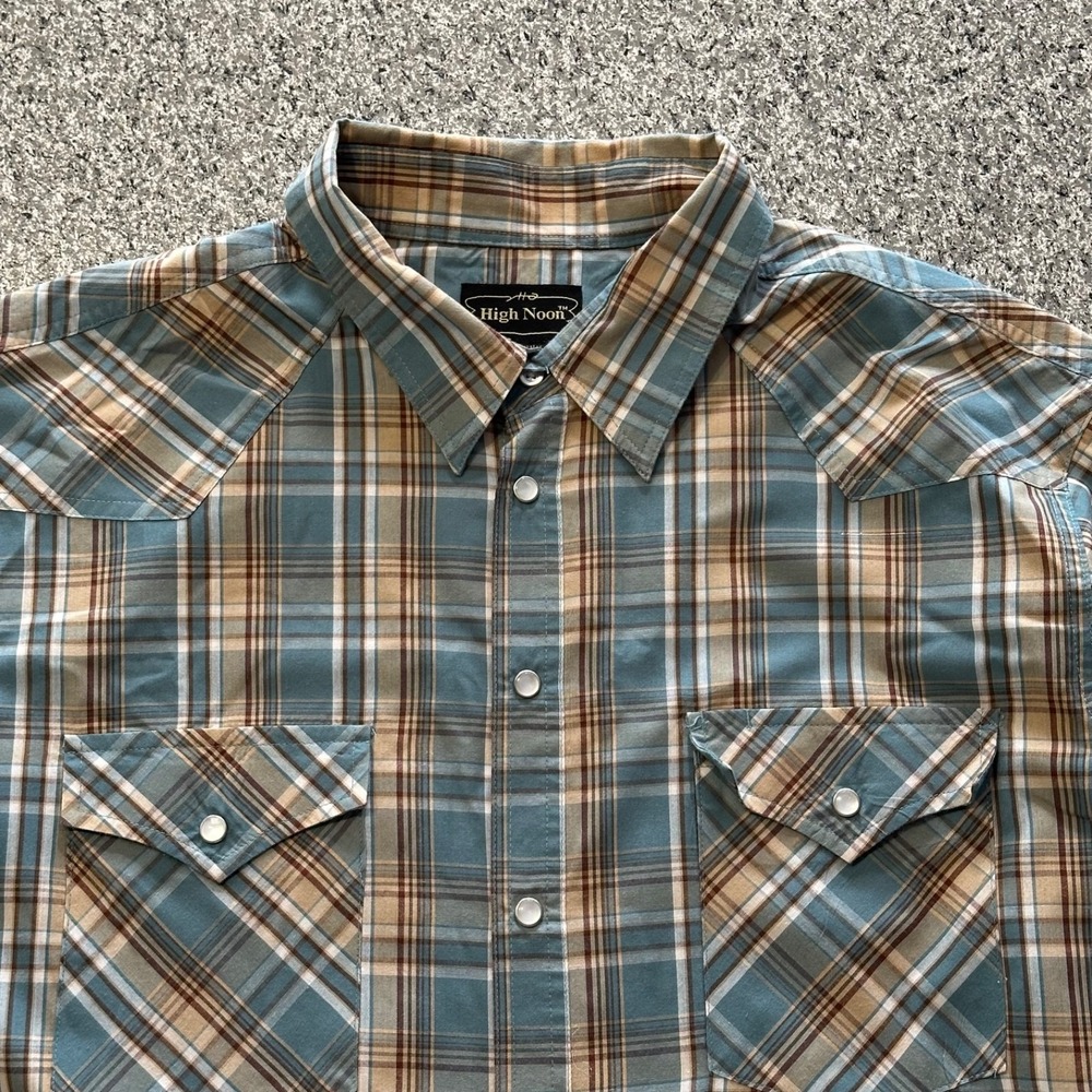 High Noon Western Shirt Mens XL Blue Brown Plaid Pearl Snap Long Sleeve